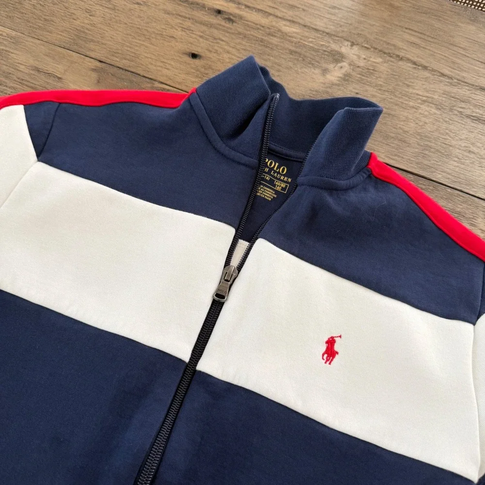 Polo Ralph Lauren Boys Navy Blue Colorblock Full Zip Track Jacket Size L 14-16